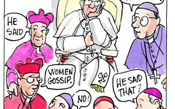 Francis, the comic strip: Francis is surrounded by gossip.